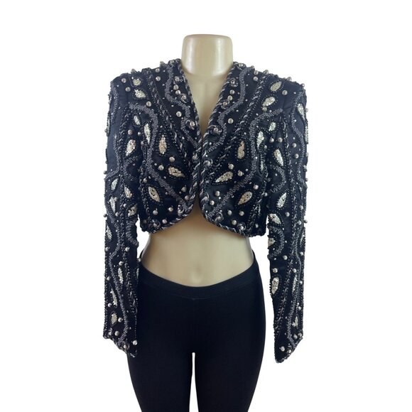 Vintage Victoria Royal Ltd. Black Beaded & Sequined Cropped Jacket Sz 10 - Picture 1 of 8
